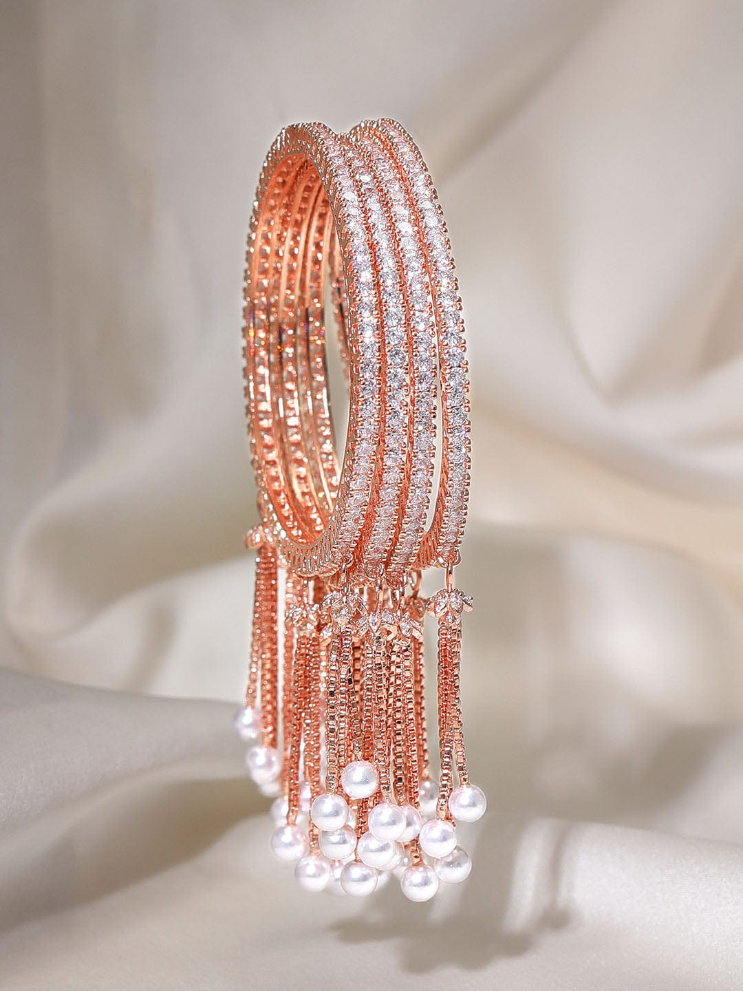 Rubans Set Of 4, 18K Rose Gold Plated White Zircons Pearl Tassels Bangles Bangles & Bracelets