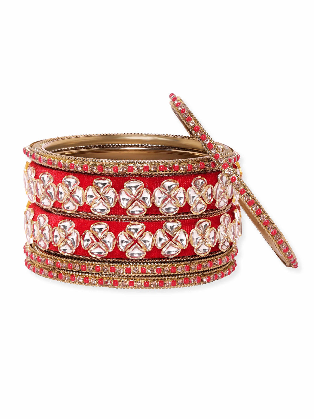 Rubans Set of 6, Maroon Fabric Mirror studded red beaded statement bangles Bangles & Bracelets