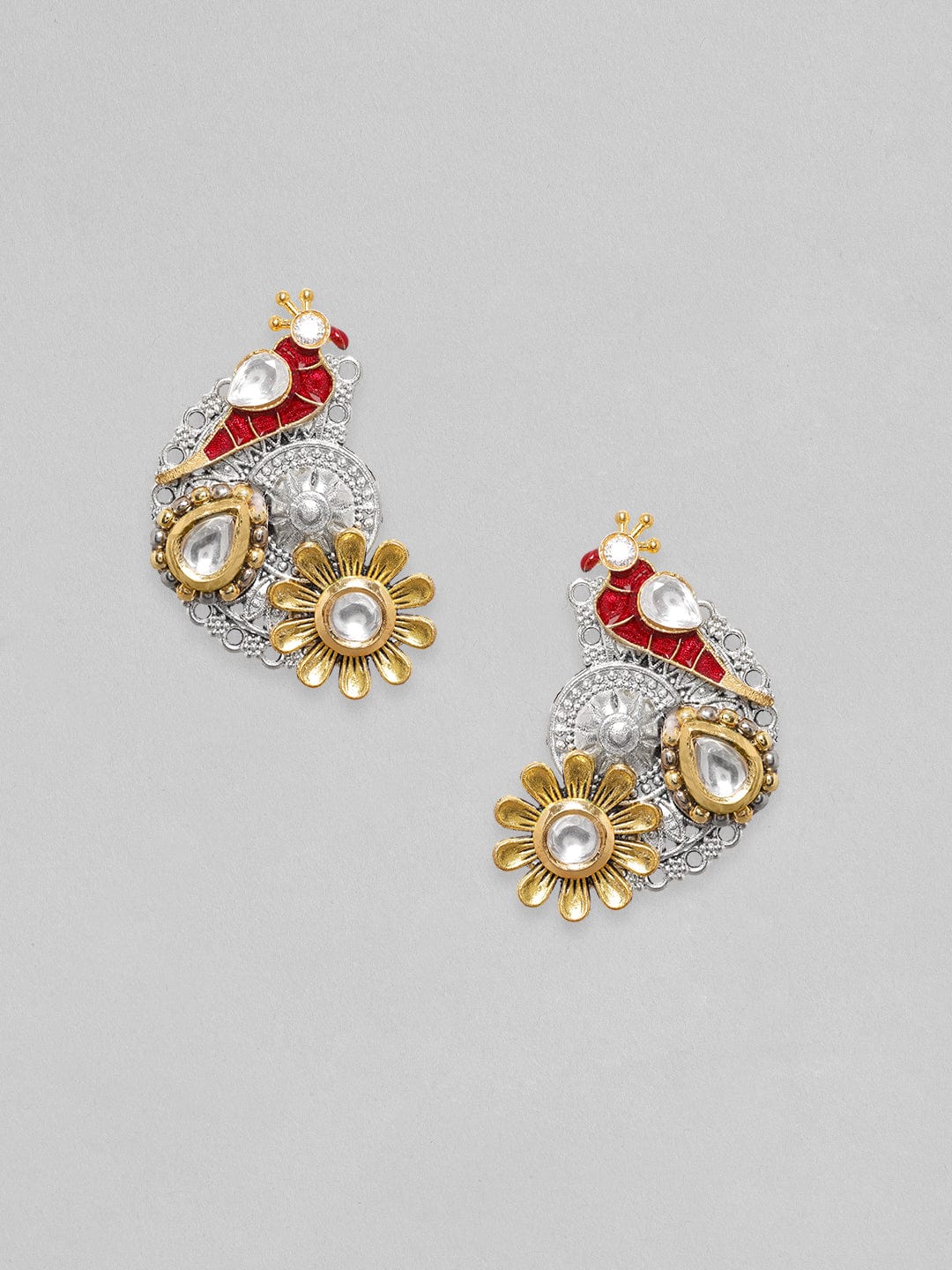 Rubans Silver & Gold Plated Kundan Studded Red Enemal Stud Earring Earrings