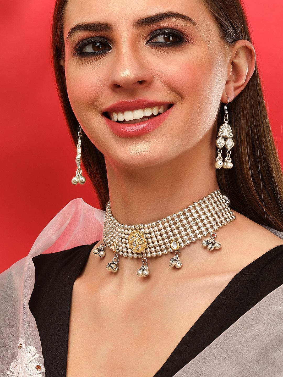 Rubans Silver Oxidised Beautiful Choker Set Necklace Set