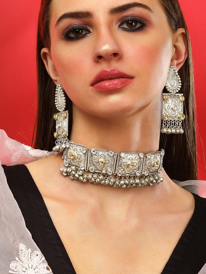 Rubans Silver Oxidised Choker Set  With Floral Design Carved. Necklace Set