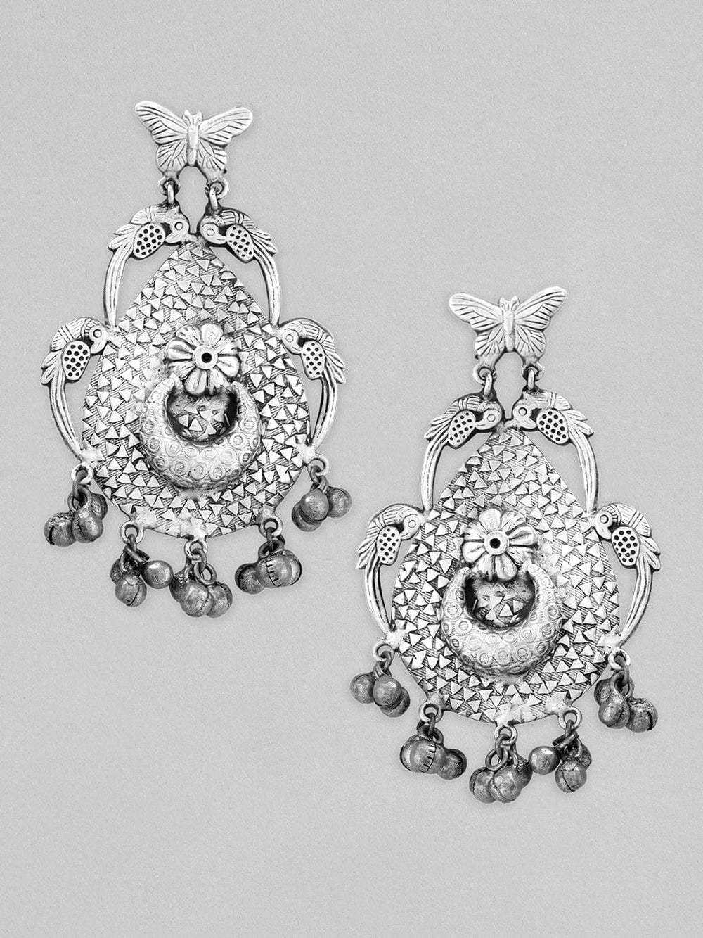 Rubans Silver Oxidised Drop Earrings With Butterfly Design And Silver Beads Earrings