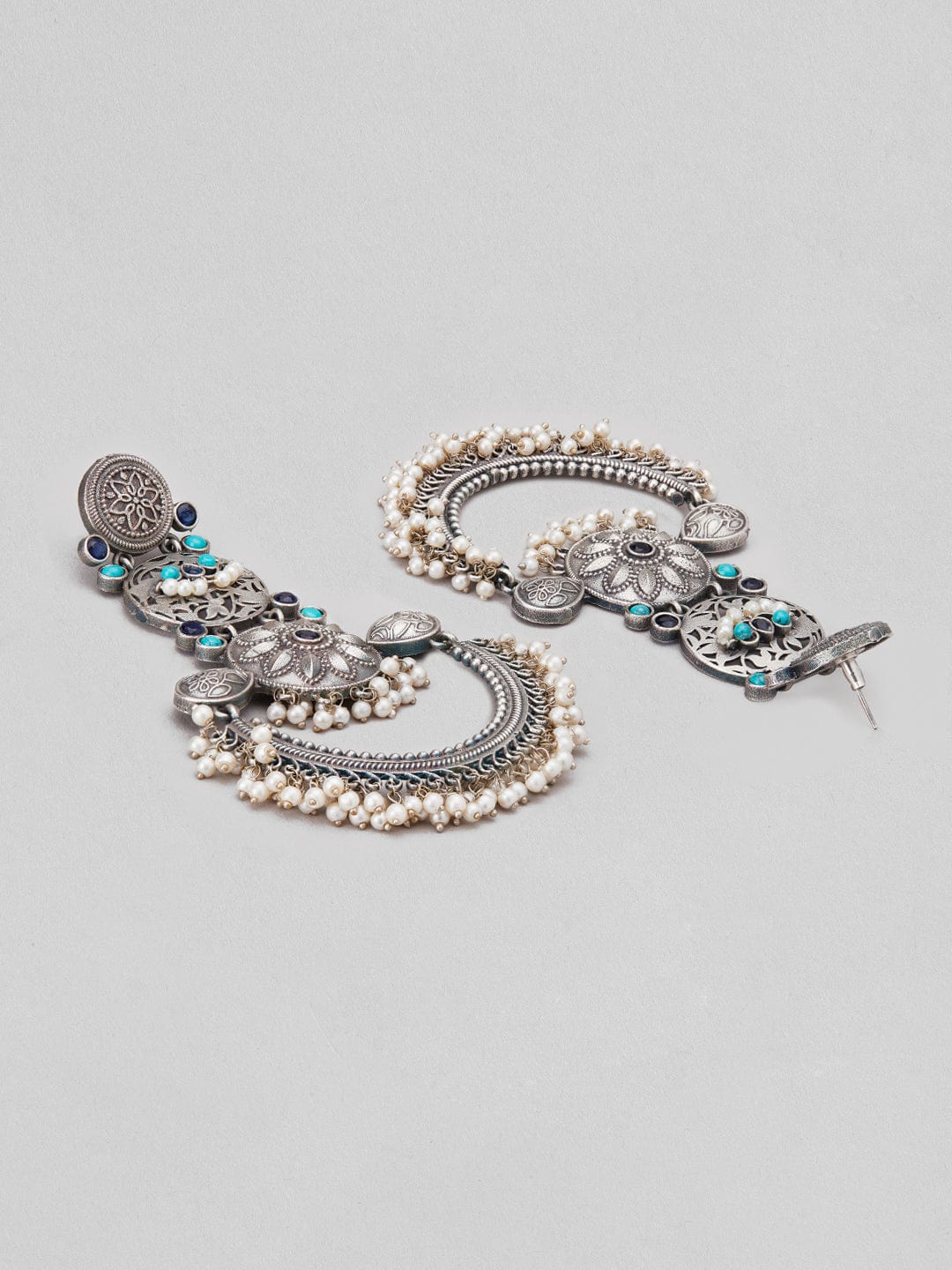 Rubans Silver Oxidised Drop Earrings With Studded Blue Stones And Pearls