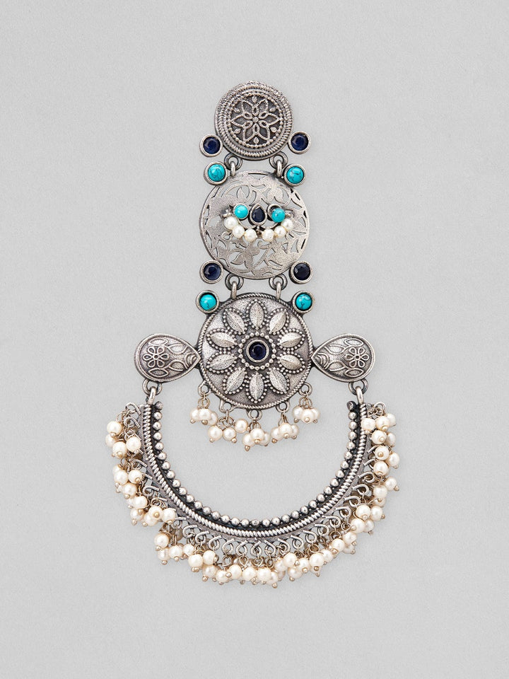 Rubans Silver Oxidised Drop Earrings With Studded Blue Stones And Pearls