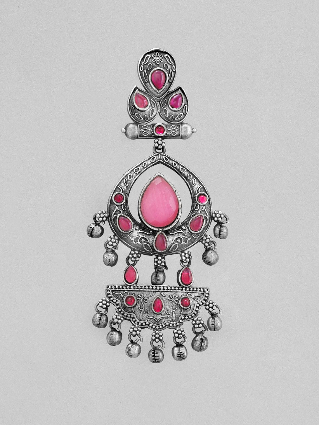 Rubans Silver Oxidised Drop Earrings With Studded Pastel Pink Stones Earrings