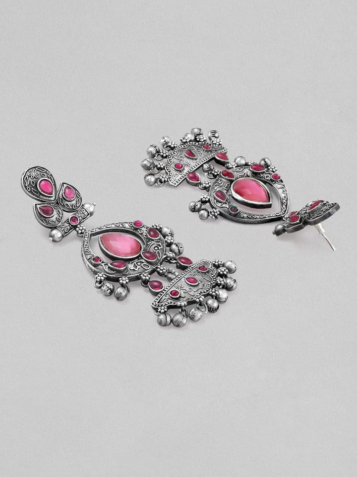 Rubans Silver Oxidised Drop Earrings With Studded Pastel Pink Stones Earrings