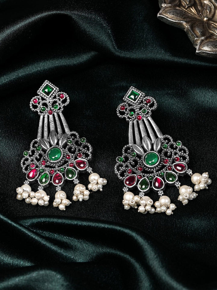 Rubans Silver Oxidised Drop Earrings With Studded Pink And Green Stones Earrings