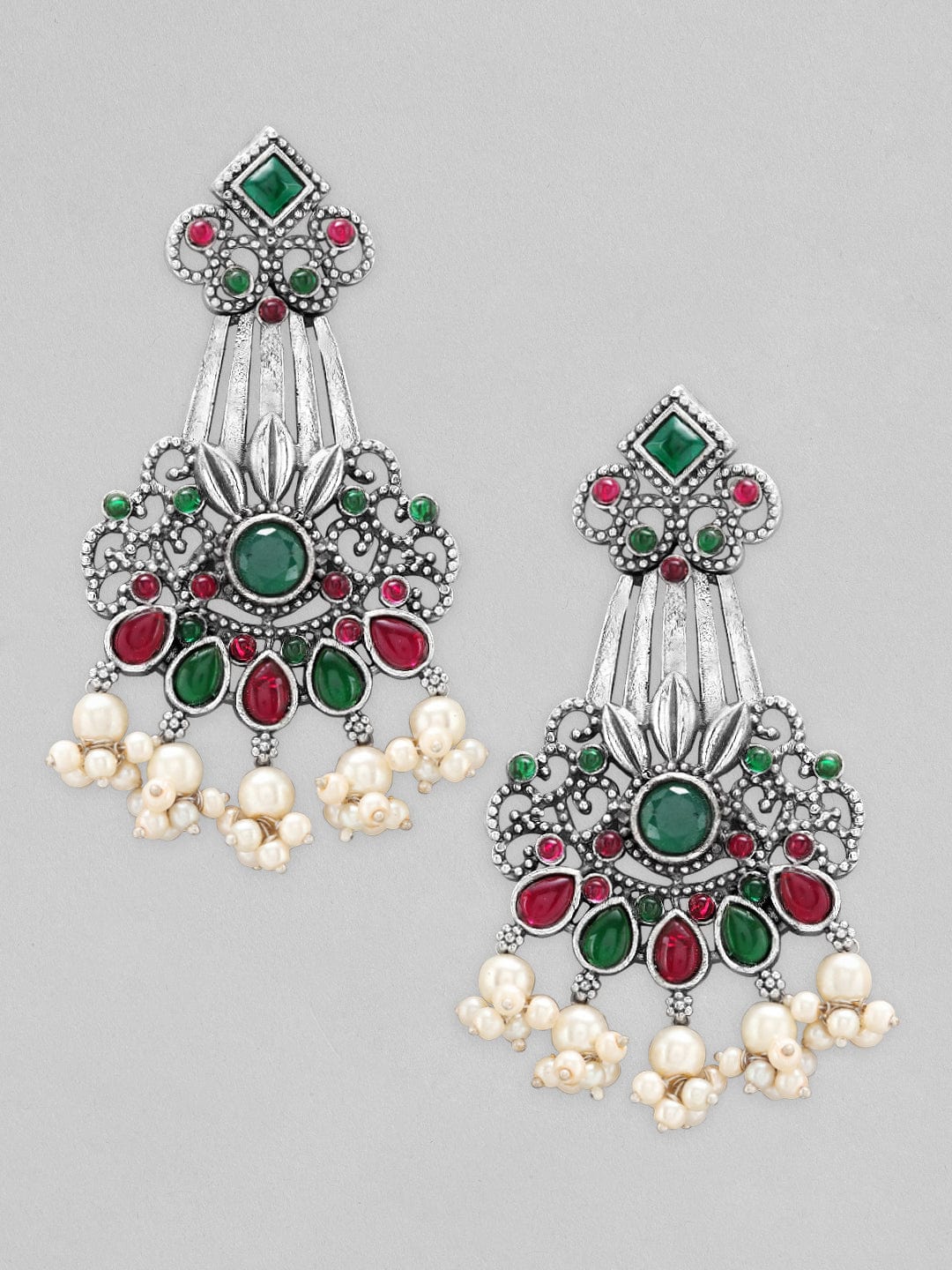 Rubans Silver Oxidised Drop Earrings With Studded Pink And Green Stones Earrings