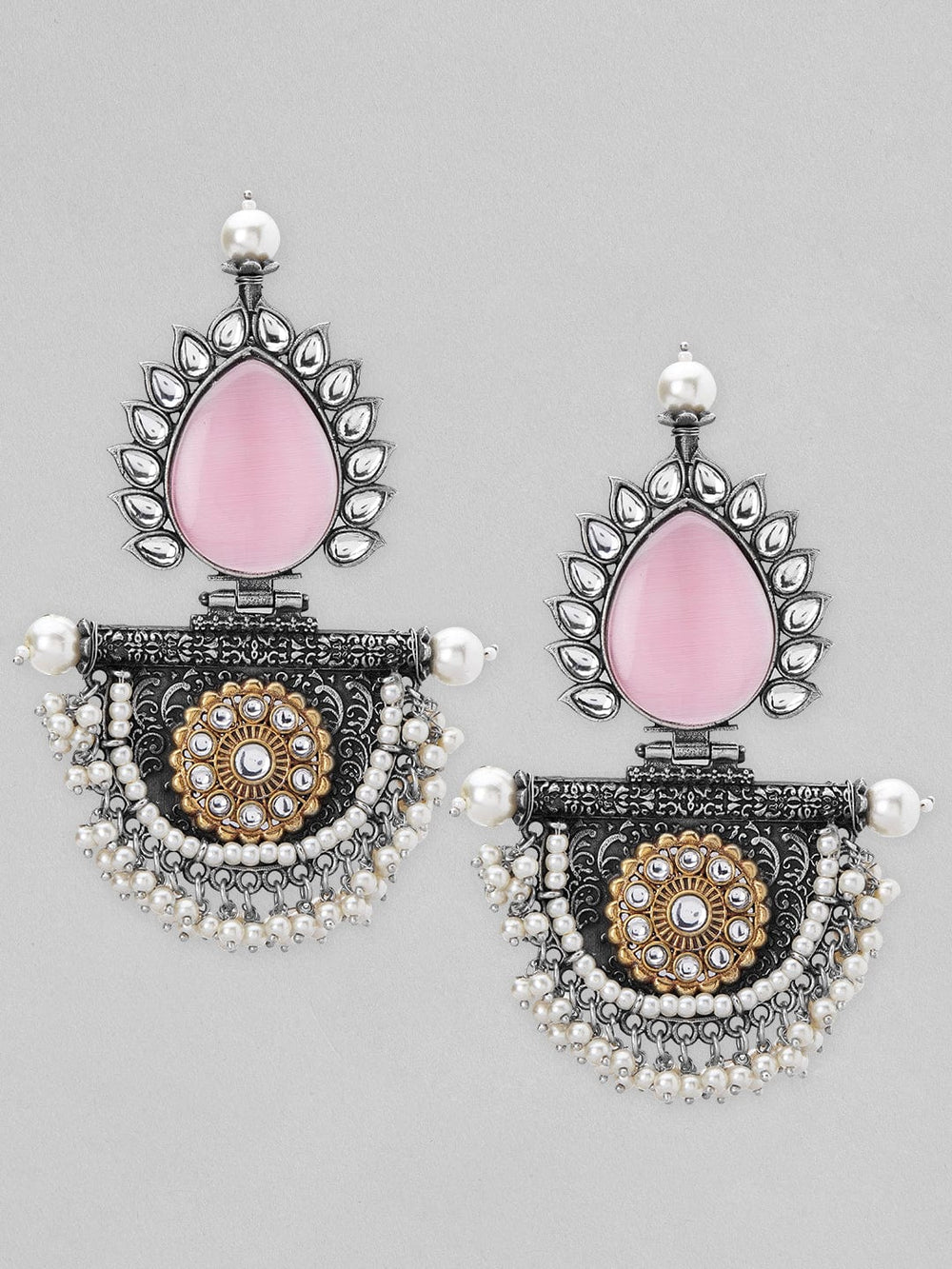 Rubans Silver Oxidised Ethnnic Drop Earrings With Studded Pink Stones Earrings