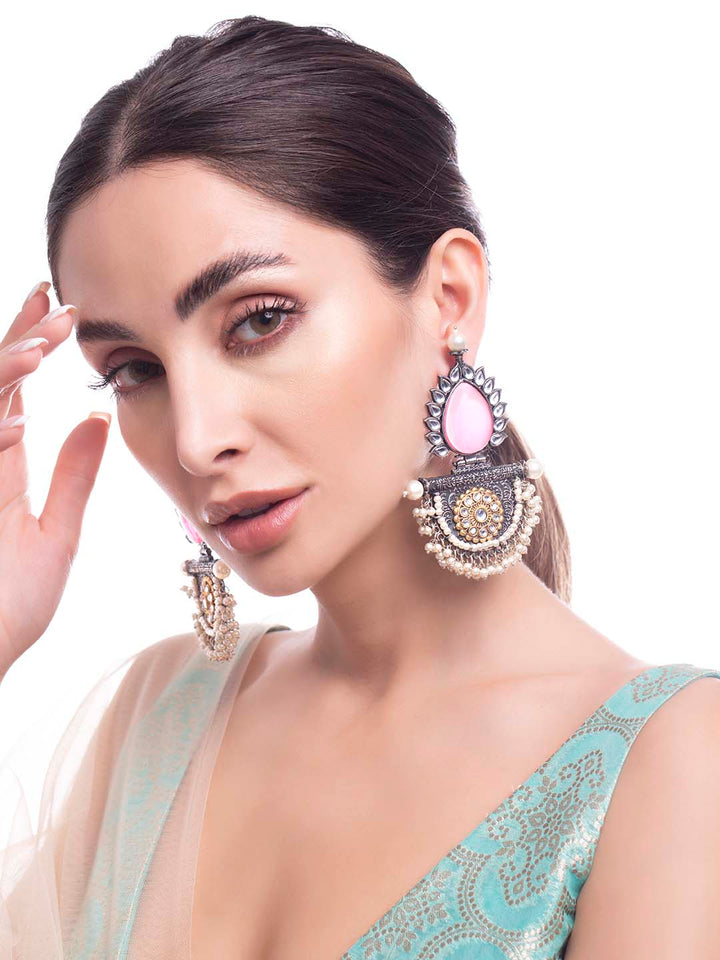 Rubans Silver Oxidised Ethnnic Drop Earrings With Studded Pink Stones Earrings