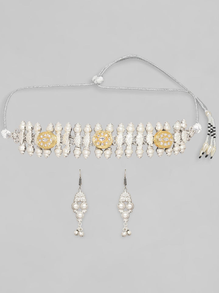 Rubans Silver Oxidised Necklace Set With Gold Toned Studded Kundan Necklace Set