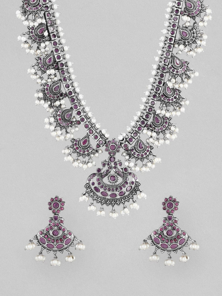 Rubans Silver Oxidised Necklace Set With Studded Pink Stones And White Beads. Necklace Set