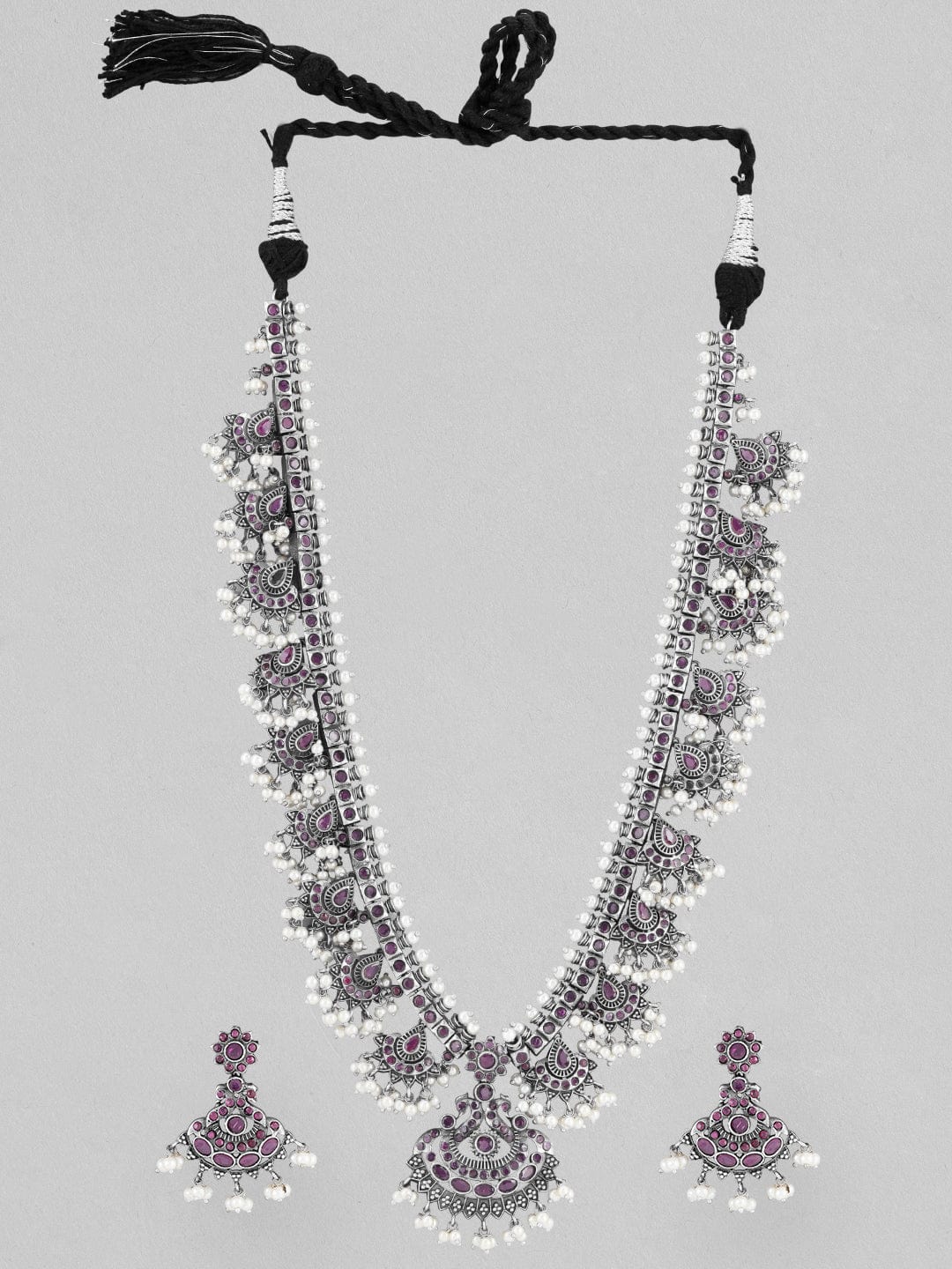 Rubans Silver Oxidised Necklace Set With Studded Pink Stones And White Beads. Necklace Set