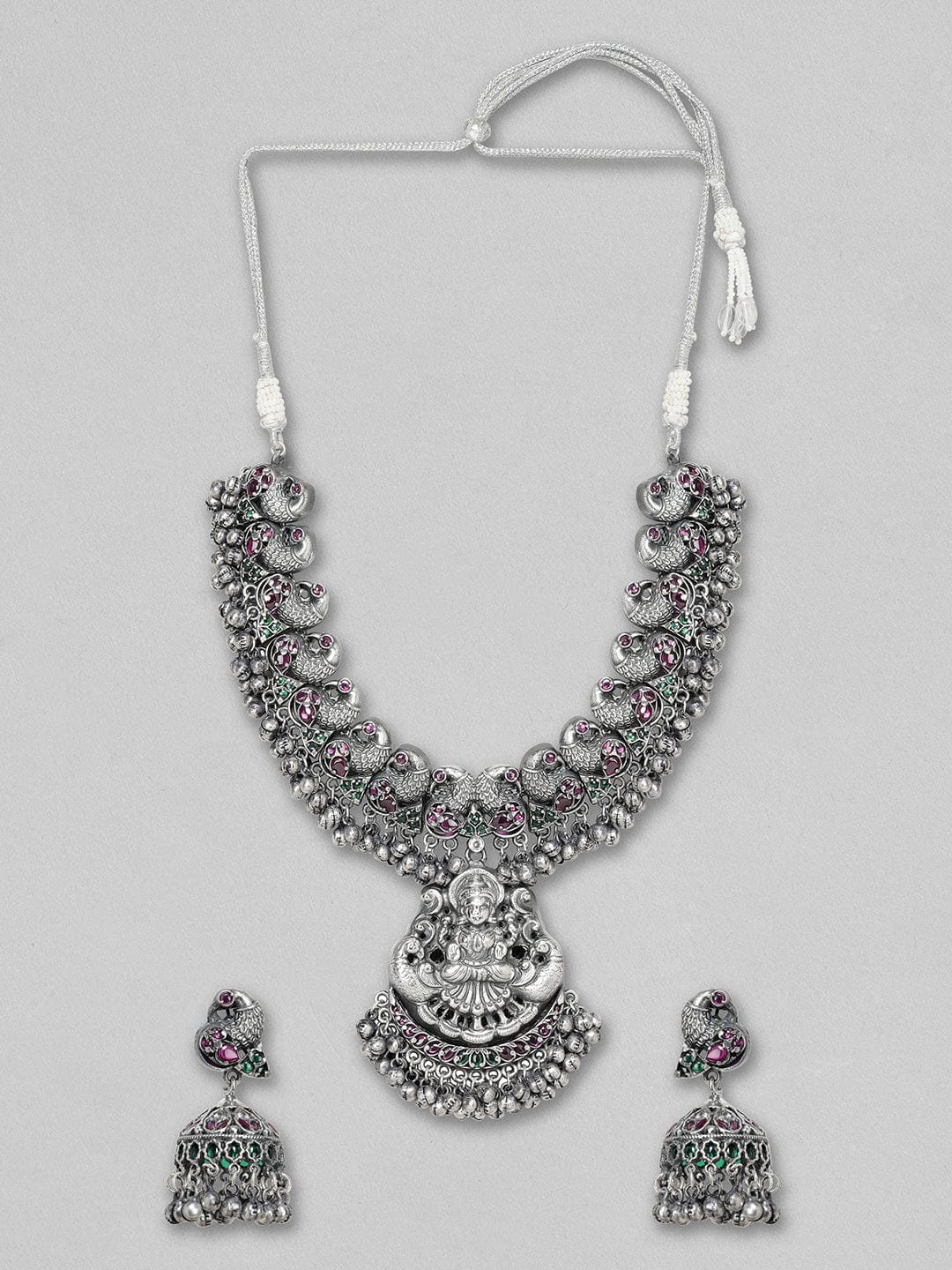 Rubans Silver Oxidised Necklace With God Motif And Elegant Carvings Necklace Set