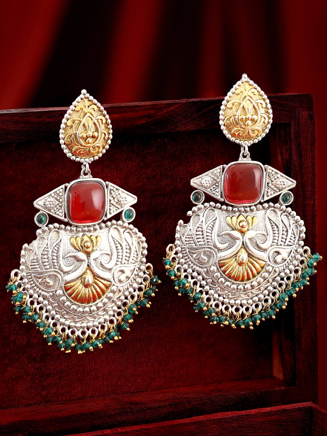 Rubans Silver Oxidized & Gold Plated Ruby Studded Green Beaded Chandbali Earrings Earrings