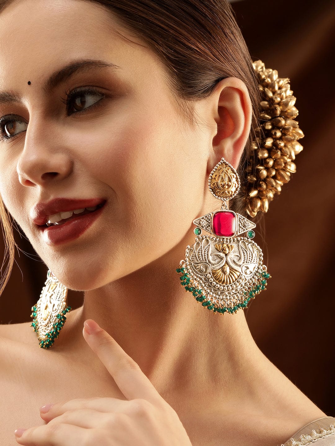 Rubans Silver Oxidized & Gold Plated Ruby Studded Green Beaded Chandbali Earrings Earrings