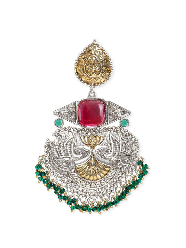 Rubans Silver Oxidized & Gold Plated Ruby Studded Green Beaded Chandbali Earrings Earrings