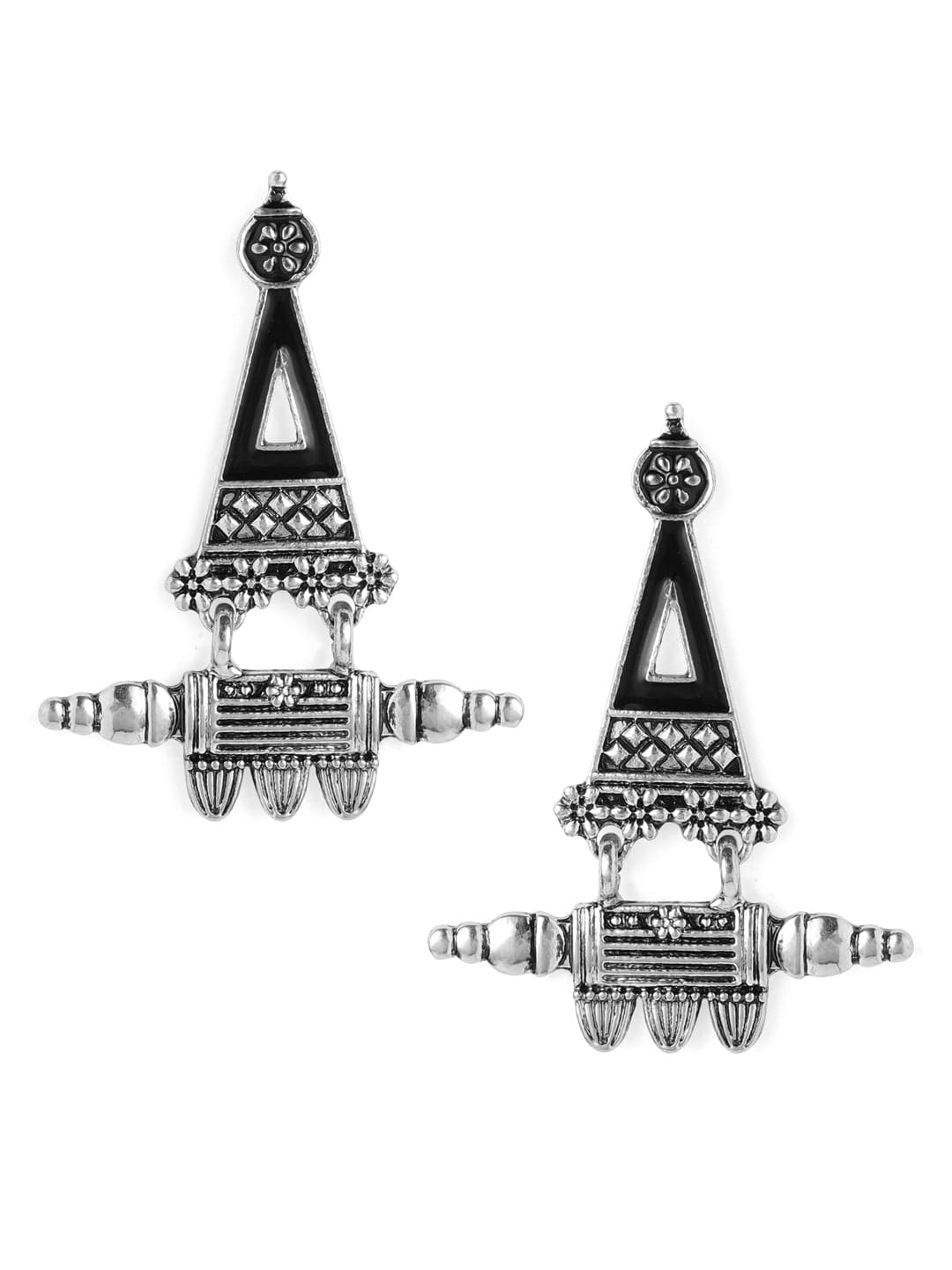 Rubans Silver-Plated Black Enamel Handpainted Triangular Drop Earrings Earrings