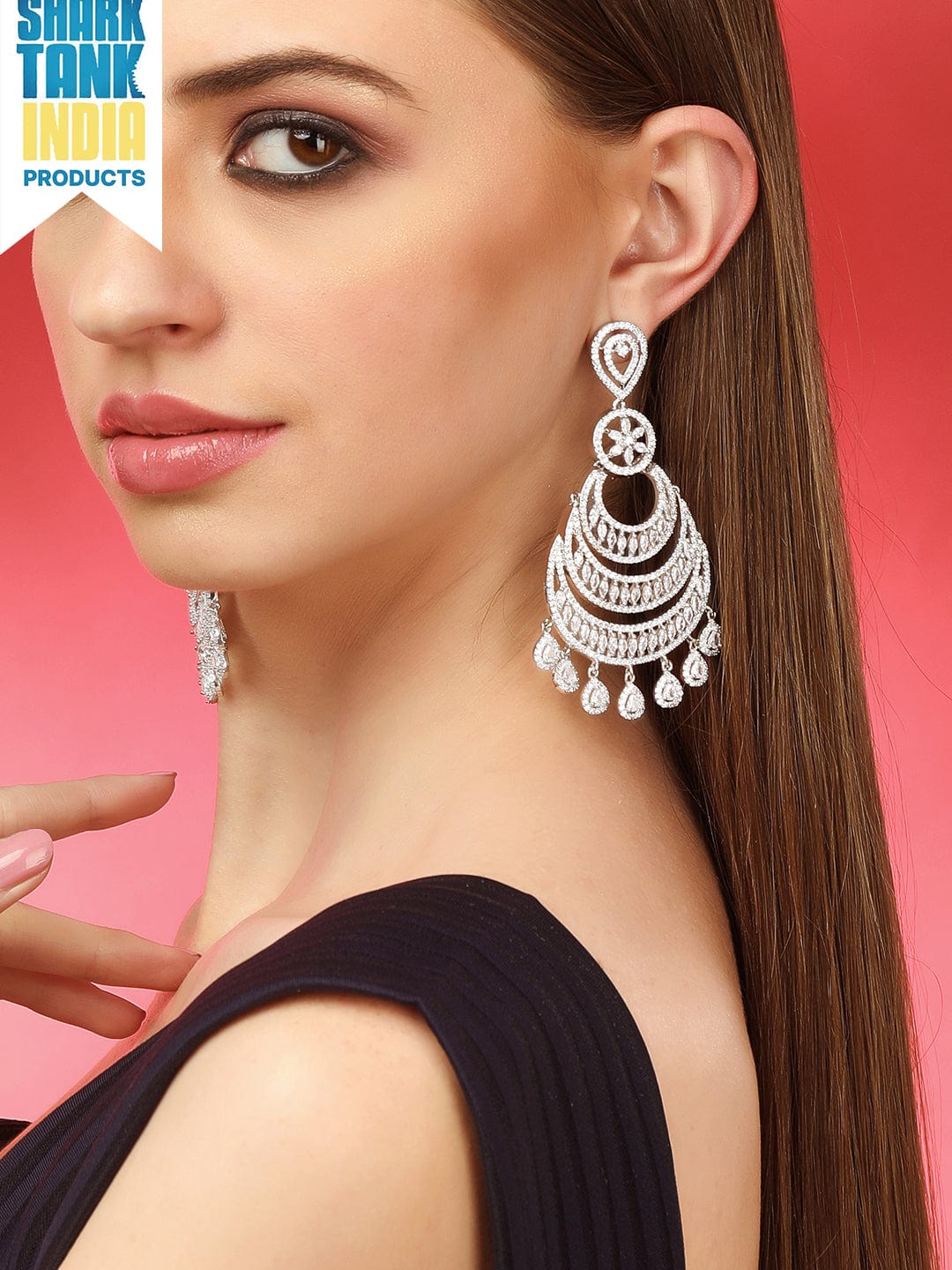 Rubans Silver Plated Chandbali Earrings With Studded American Stones. Earrings