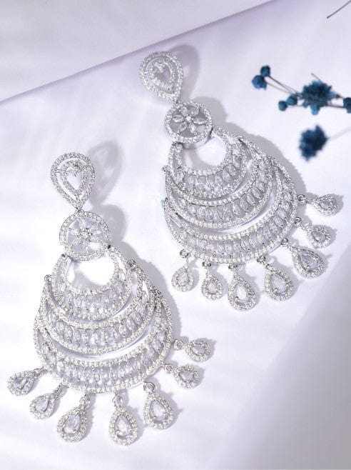 Rubans Silver Plated Chandbali Earrings With Studded American Stones. Earrings