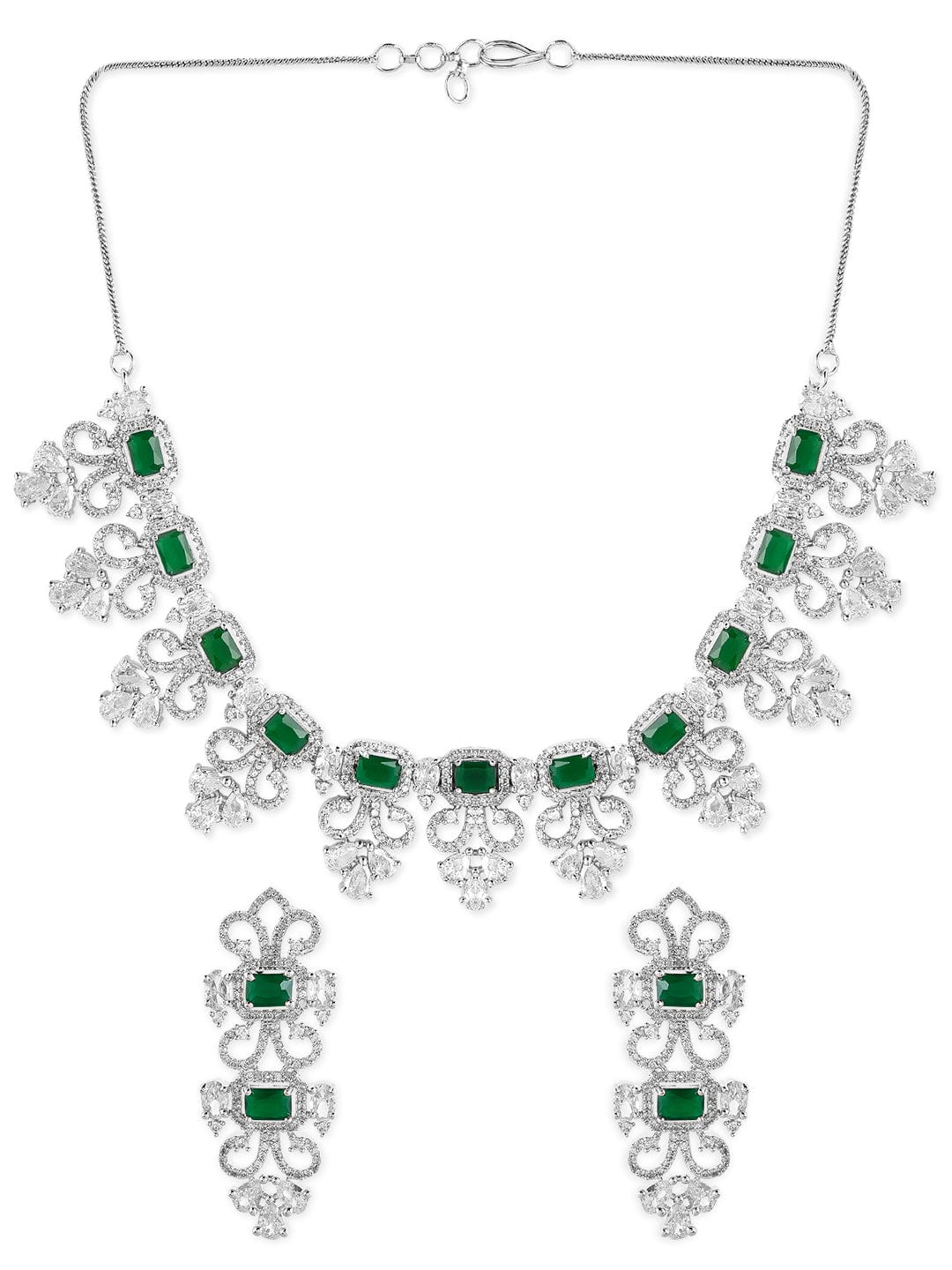 Rubans Silver Plated Green Emerald AD Studded Necklace Set. Necklace Set