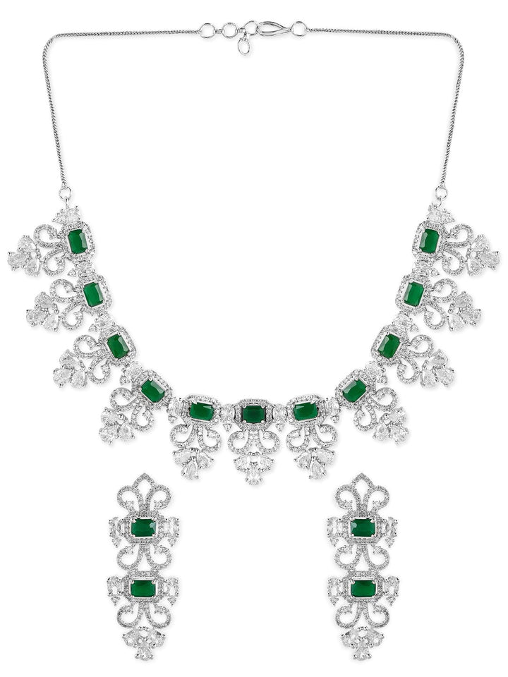 Rubans Silver Plated Green Emerald AD Studded Necklace Set. Necklace Set