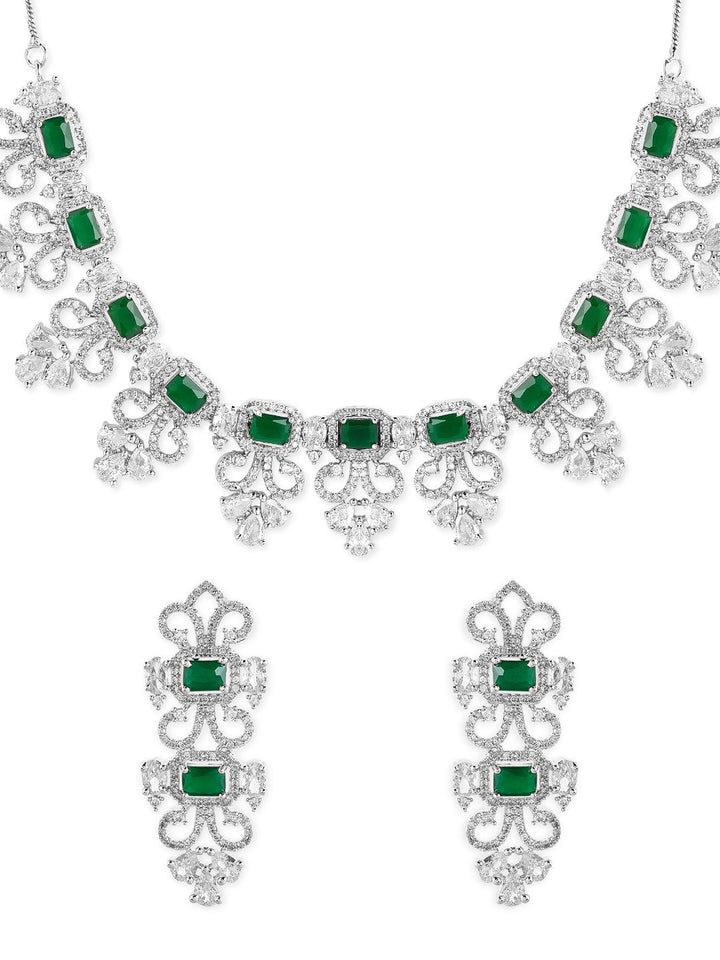 Rubans Silver Plated Green Emerald AD Studded Necklace Set. Necklace Set