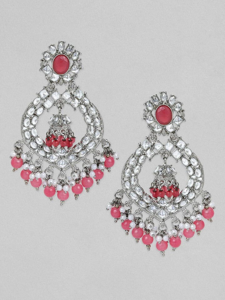 Rubans Silver Plated Handcrafted AD Studded & Pink Beads Chandbali Earrings Earrings