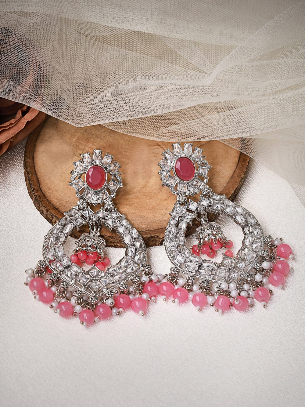 Rubans Silver Plated Handcrafted AD Studded & Pink Beads Chandbali Earrings Earrings