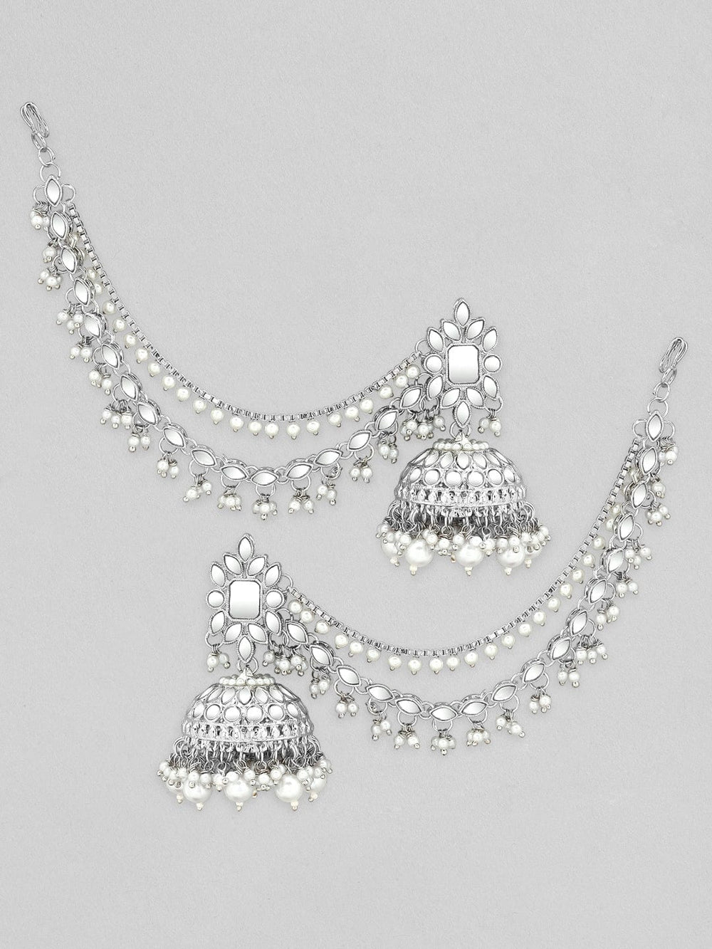 Rubans Silver Plated Handcrafted Mirror Studded Jhumka Earchain Earrings