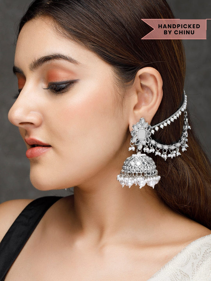 Rubans Silver Plated Handcrafted Mirror Studded Jhumka Earchain Earrings