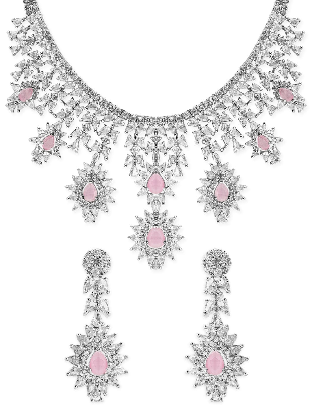 Rubans Silver Plated Handcrafted Pink AD Stone Studded Necklace Set. Necklace Set