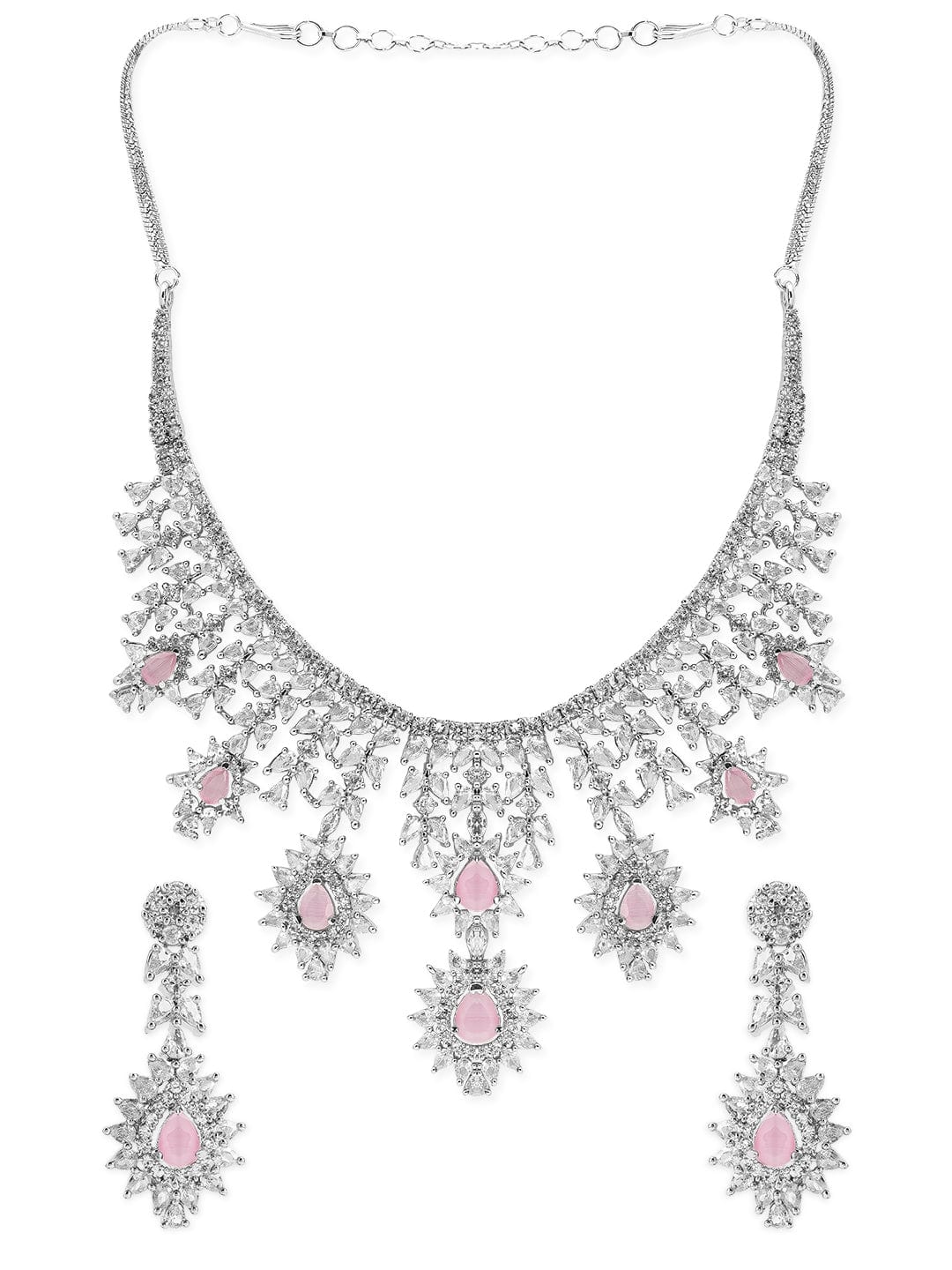 Rubans Silver Plated Handcrafted Pink AD Stone Studded Necklace Set. Necklace Set