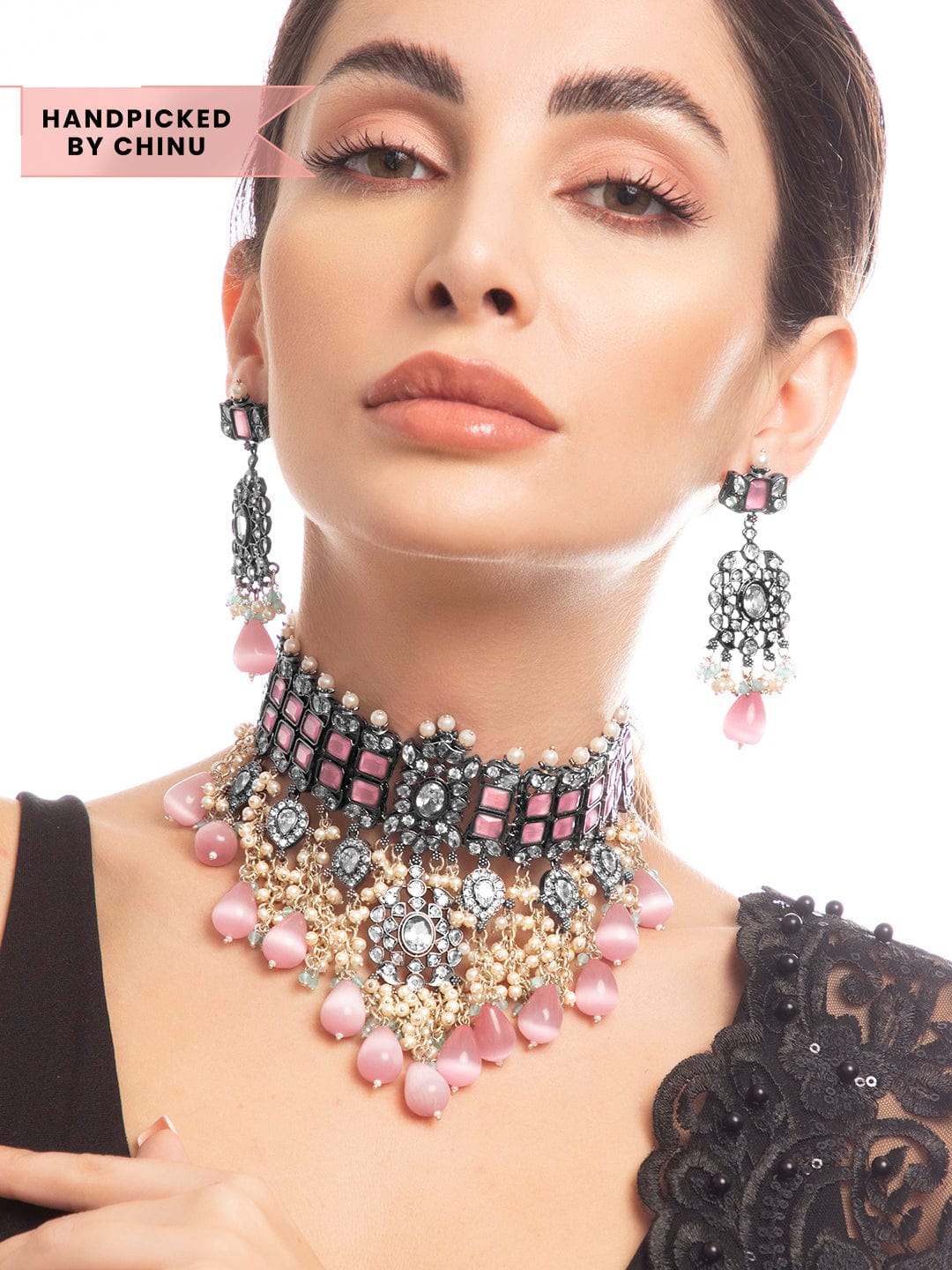 Rubans Silver Plated Kundan Necklace Set Studded With Pink Stones And Beads Necklace Set