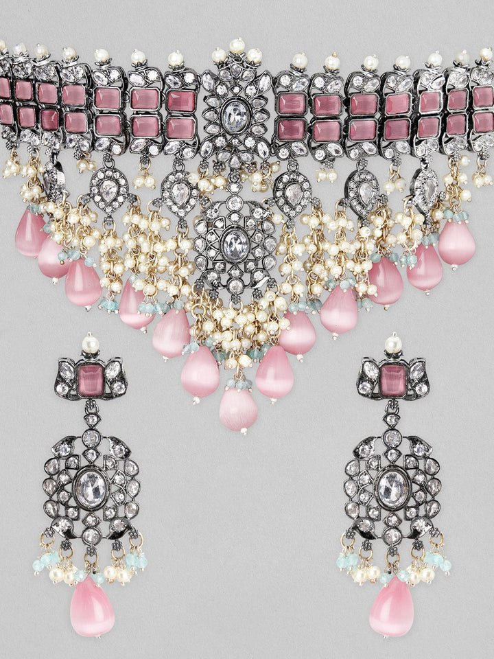 Rubans Silver Plated Kundan Necklace Set Studded With Pink Stones And Beads Necklace Set