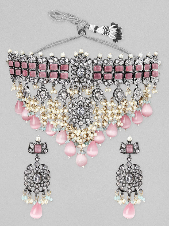 Rubans Silver Plated Kundan Necklace Set Studded With Pink Stones And Beads Necklace Set