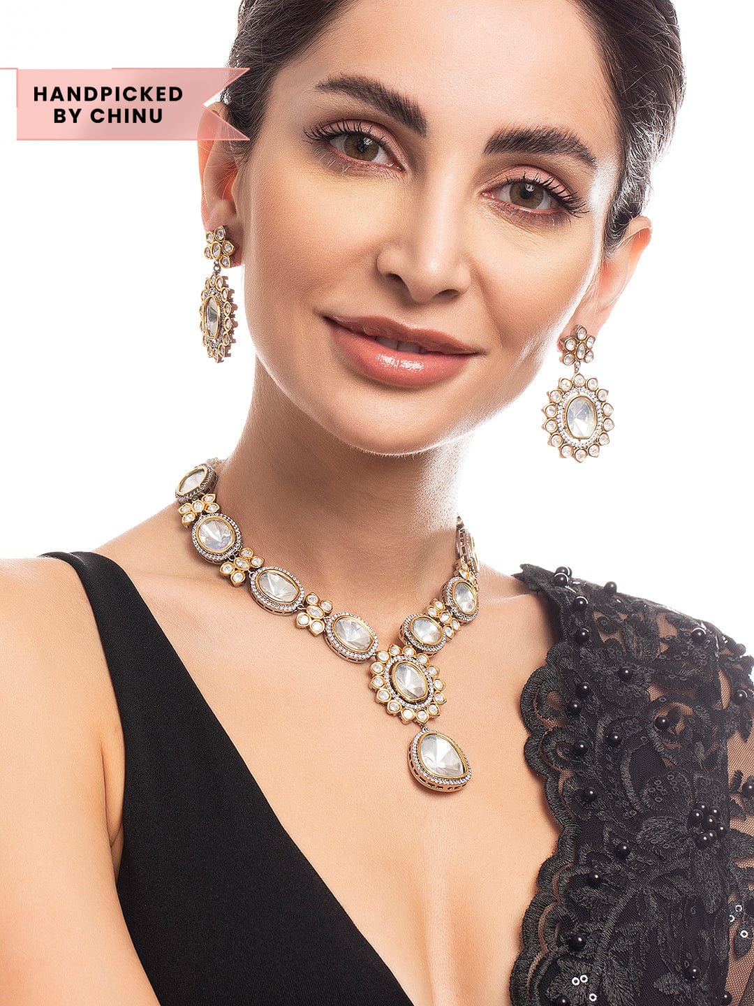 Rubans Silver Plated Kundan Polki Necklace Set With Beautiful Design Necklace Set