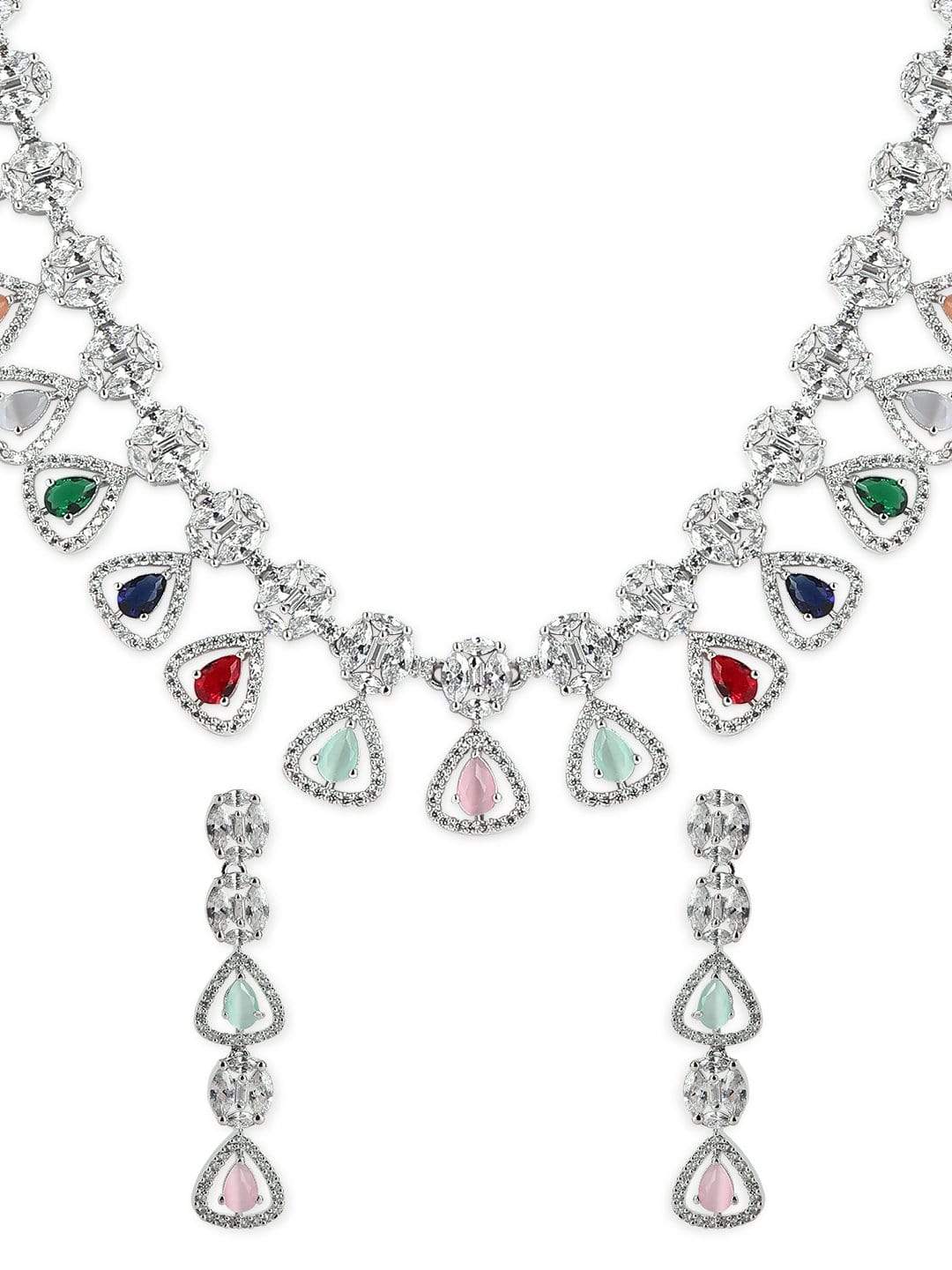 Rubans Silver Plated Multicoloured Stone Studded American Diamond Necklace Set. Necklace Set