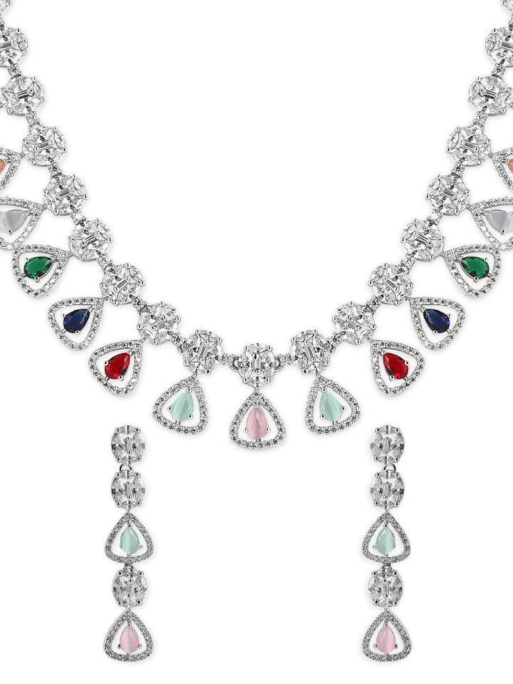 Rubans Silver Plated Multicoloured Stone Studded American Diamond Necklace Set. Necklace Set