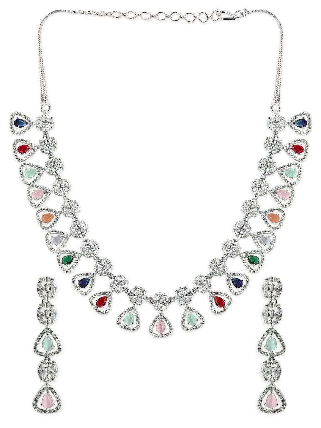 Rubans Silver Plated Multicoloured Stone Studded American Diamond Necklace Set. Necklace Set