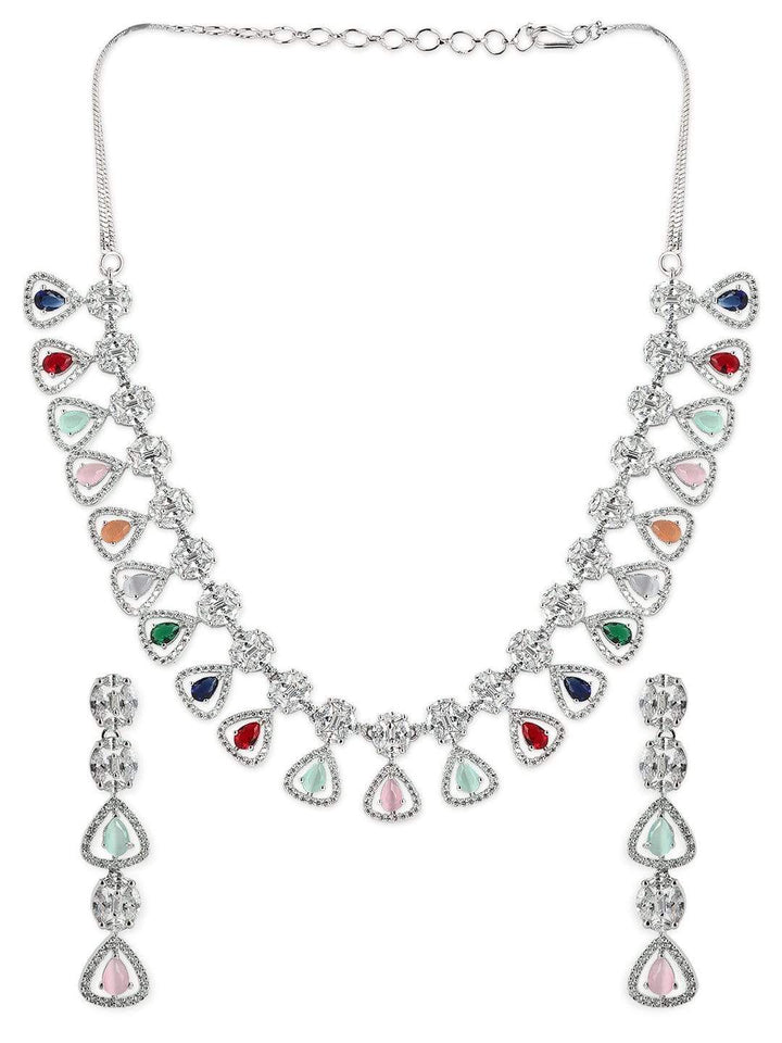 Rubans Silver Plated Multicoloured Stone Studded American Diamond Necklace Set. Necklace Set