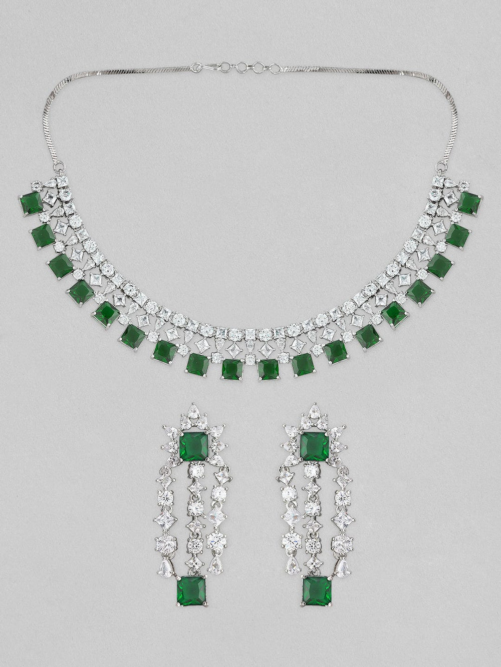 Rubans Silver Plated Necklace Set With American Diamonds And Green Stones. Choker Necklace Set