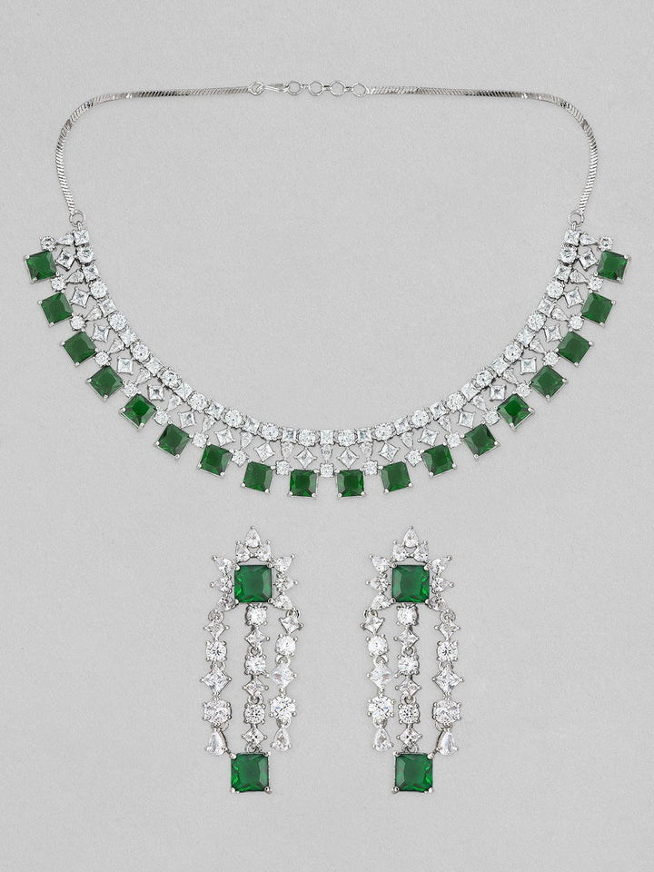 Rubans Silver Plated Necklace Set With American Diamonds And Green Stones. Choker Necklace Set