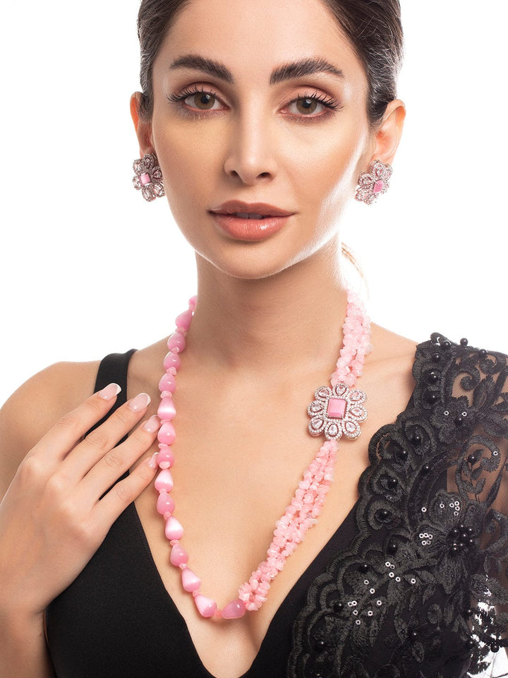 Rubans Silver Plated Necklace Set With Pink Beads And Studded AD Necklace Set