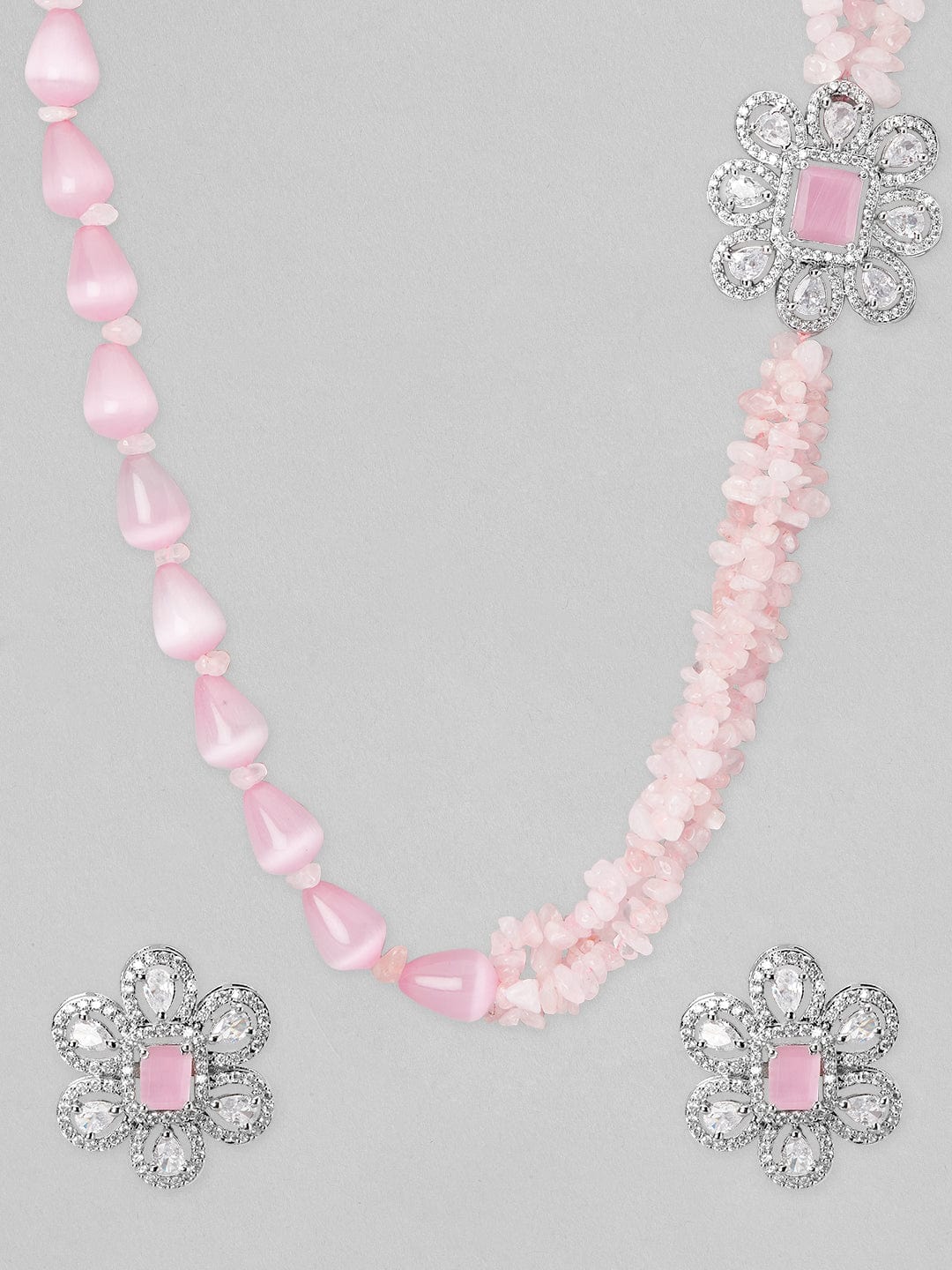 Rubans Silver Plated Necklace Set With Pink Beads And Studded AD Necklace Set