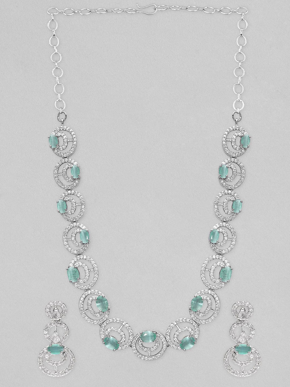 Rubans Silver Plated Necklace With Studded Pastel Mint Green AD's Jewelry Sets