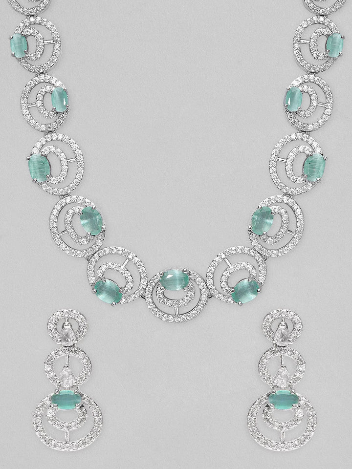 Rubans Silver Plated Necklace With Studded Pastel Mint Green AD's Jewelry Sets