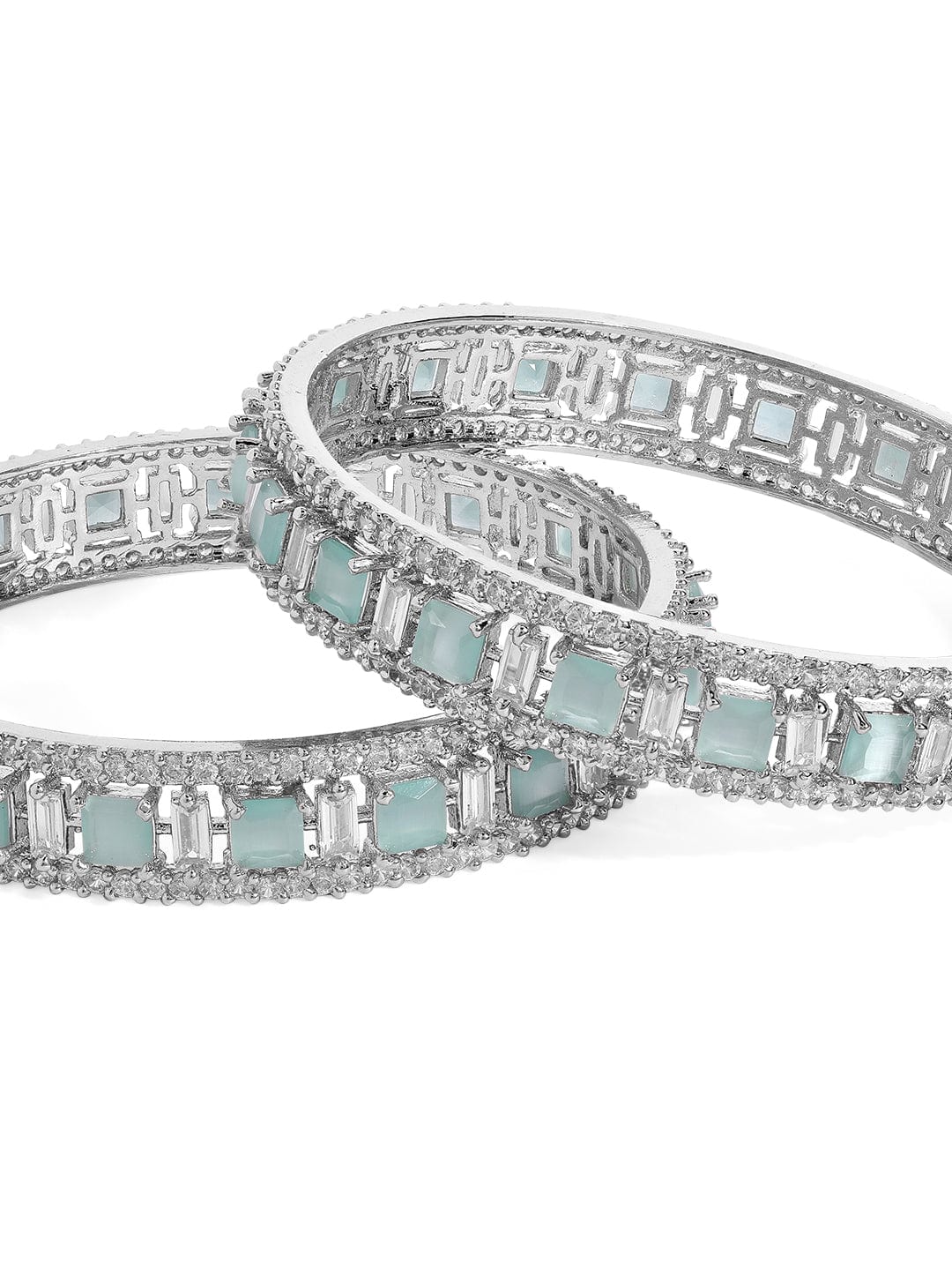 Rubans Silver Plated Pastel Green & Zirconia Stone Studded Set of 2 Bangles. Bangles & Bracelets