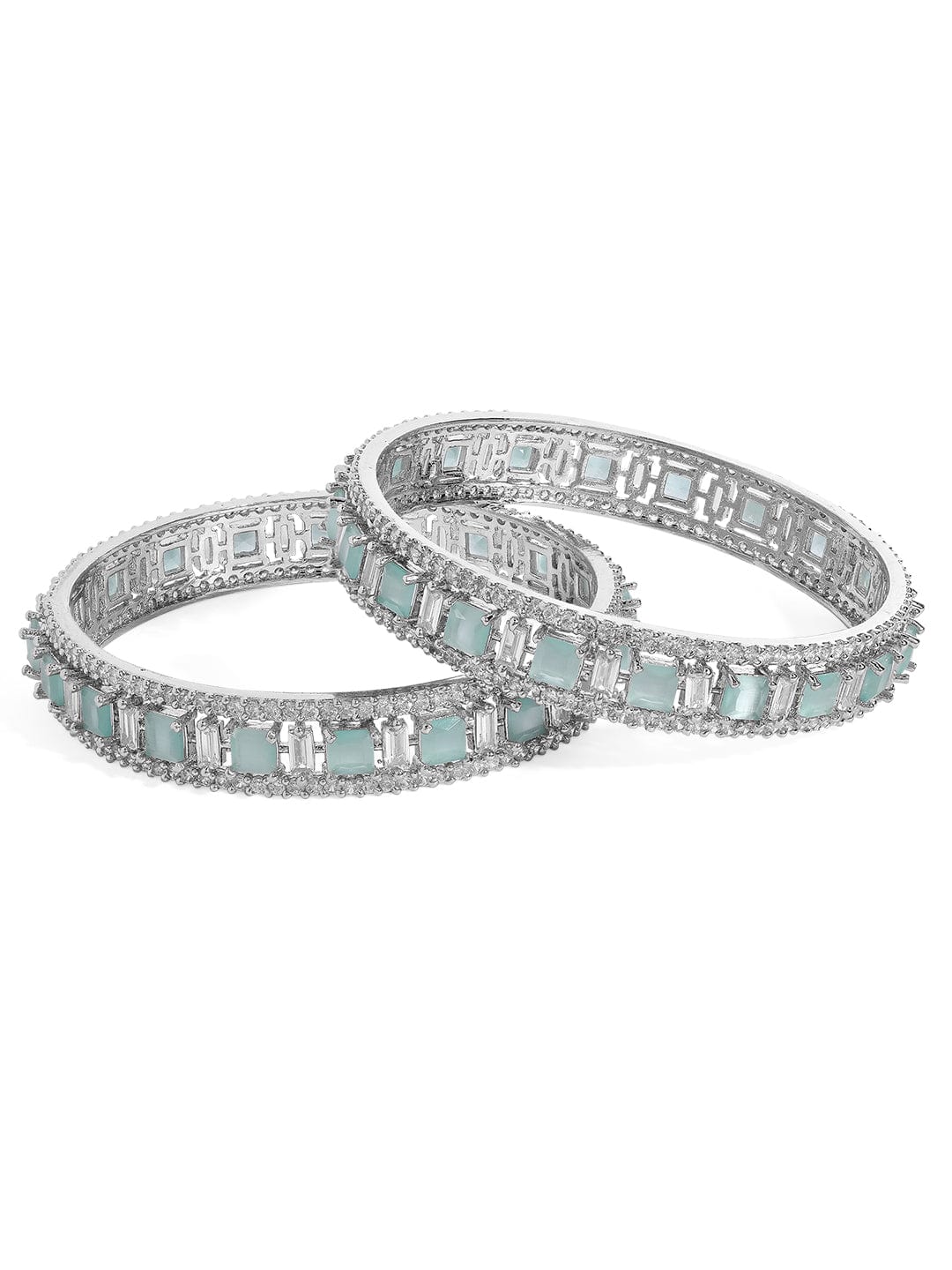 Rubans Silver Plated Pastel Green & Zirconia Stone Studded Set of 2 Bangles. Bangles & Bracelets