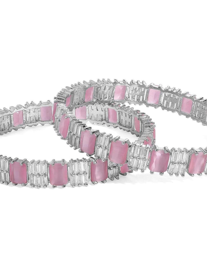 Rubans Silver Plated Pink Stone &  Zirconia Stone Studded Set of 2 Bangles. Bangles & Bracelets